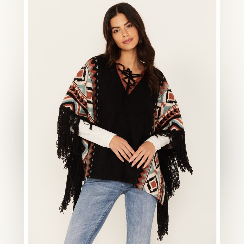 Idyllwind Black Poncho Sweater with Aztec Pattern Large